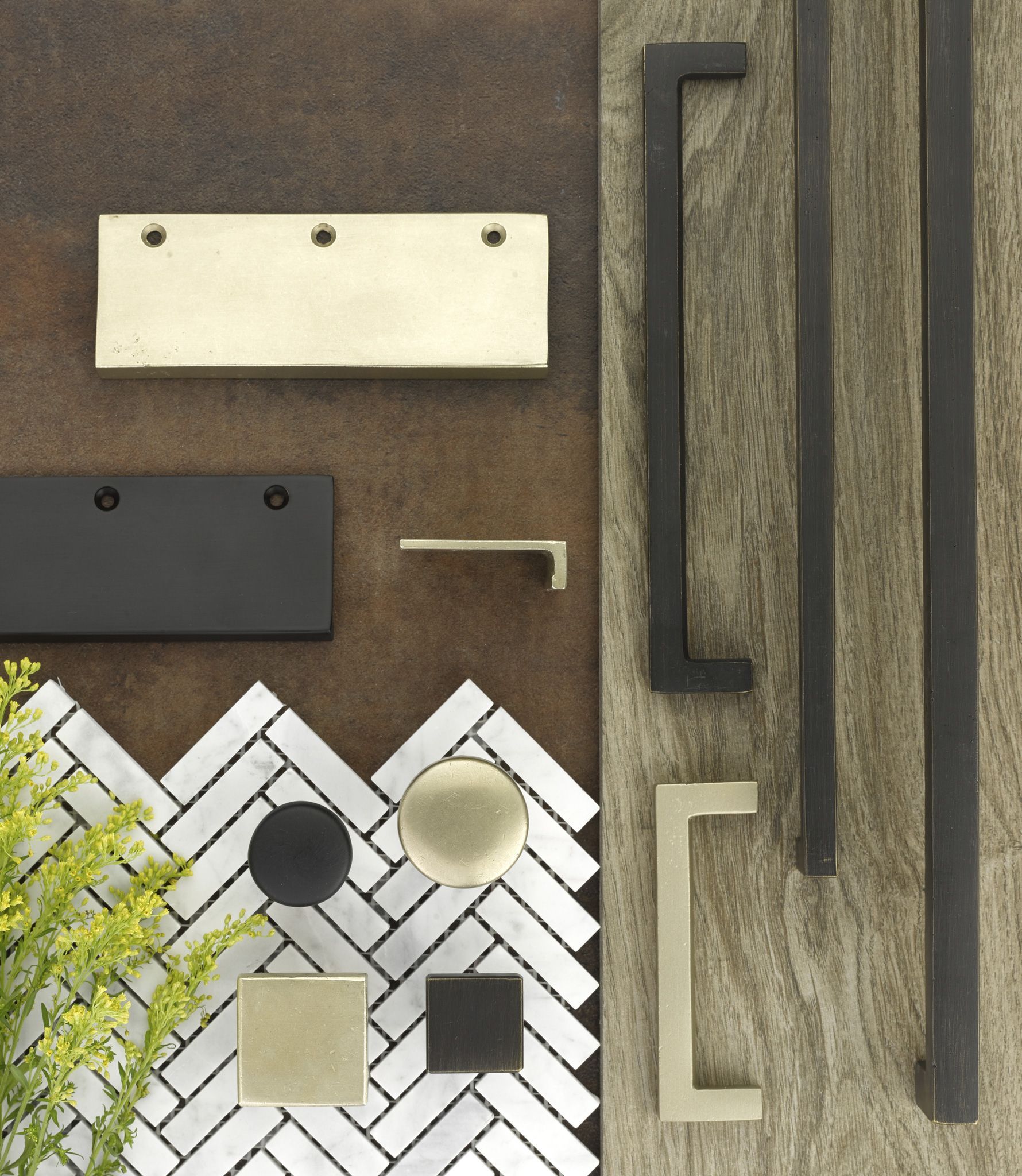 A collage of different types of cabinet handles and knobs