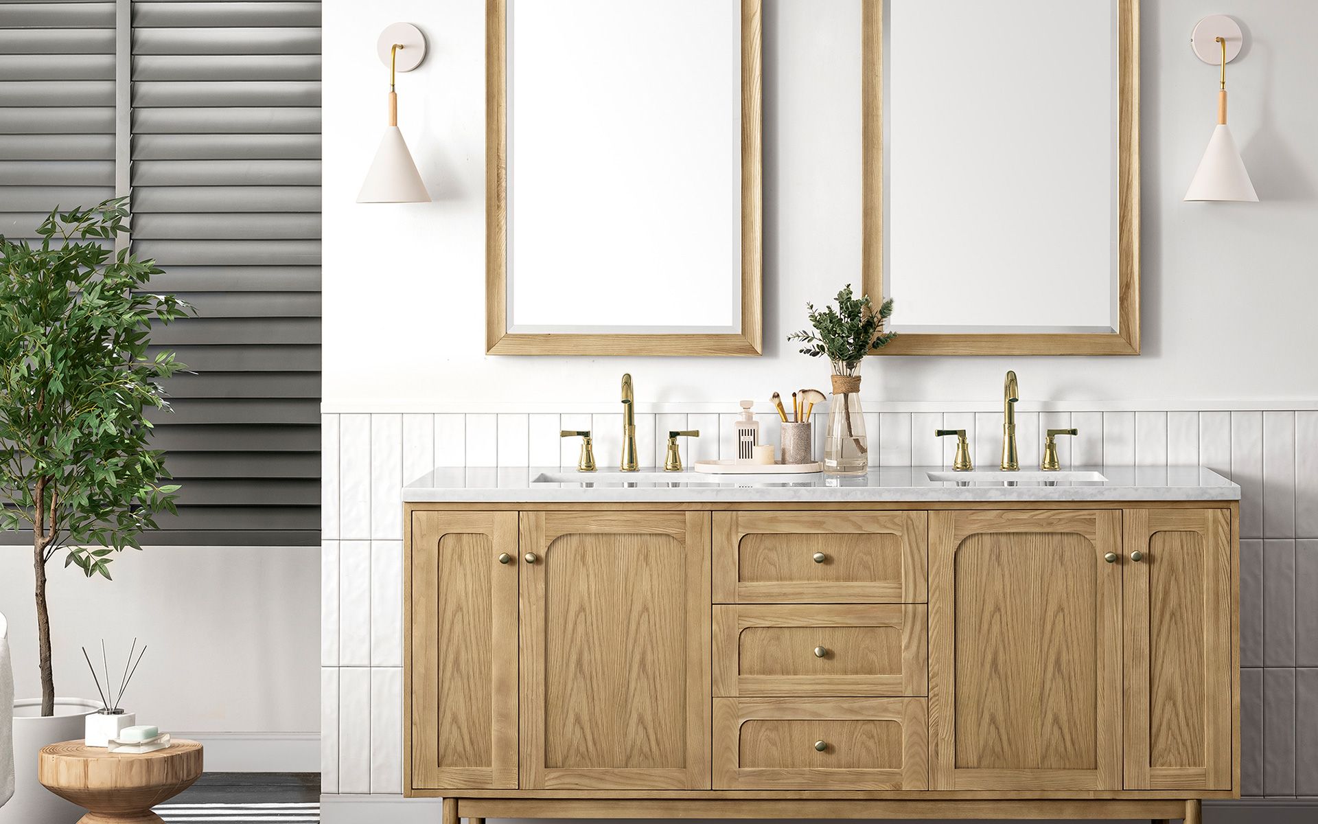 A bathroom with two sinks , two mirrors , and a wooden vanity.