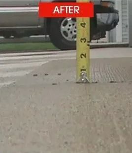 After: Concrete surface with a 3-inch gap, a ruler beside it, and a vehicle in the background.