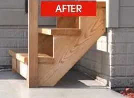 Wooden staircase against a building, marked 