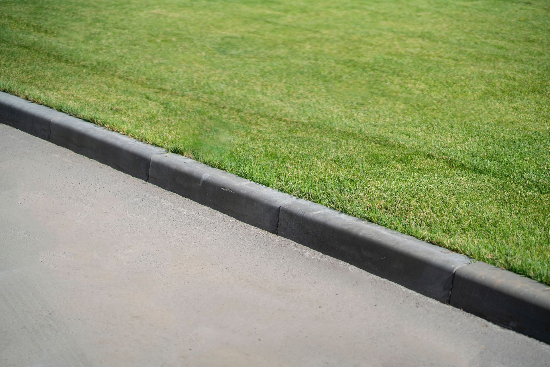 Concrete curb separating green grass from a gray concrete surface.