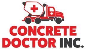 Red concrete truck with a plus sign, "Concrete Doctor Inc." below.
