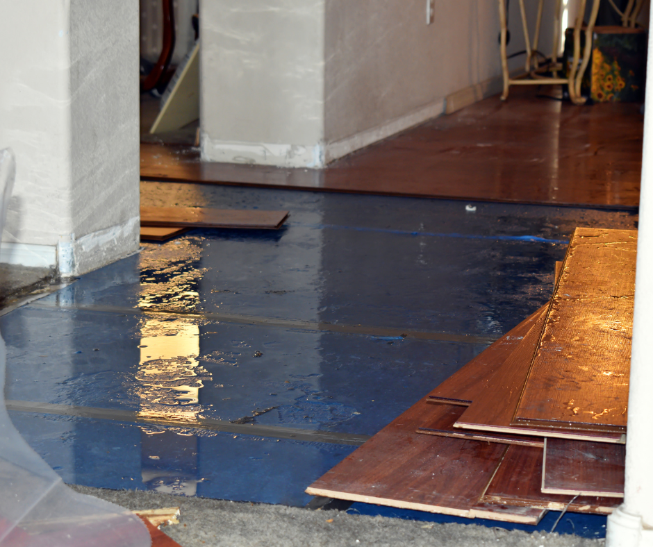 Interior view of a flooded room with dark wood flooring and water damage. Some planks of wood are in the foreground.