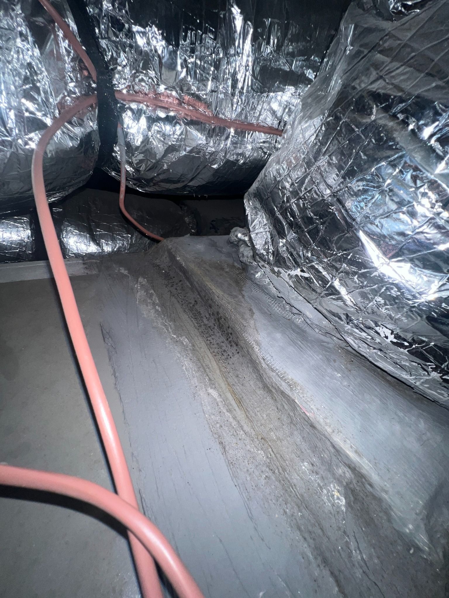 Interior shot of a crawl space with flexible ductwork and a pink power cord, with visible dark stains on the floor.