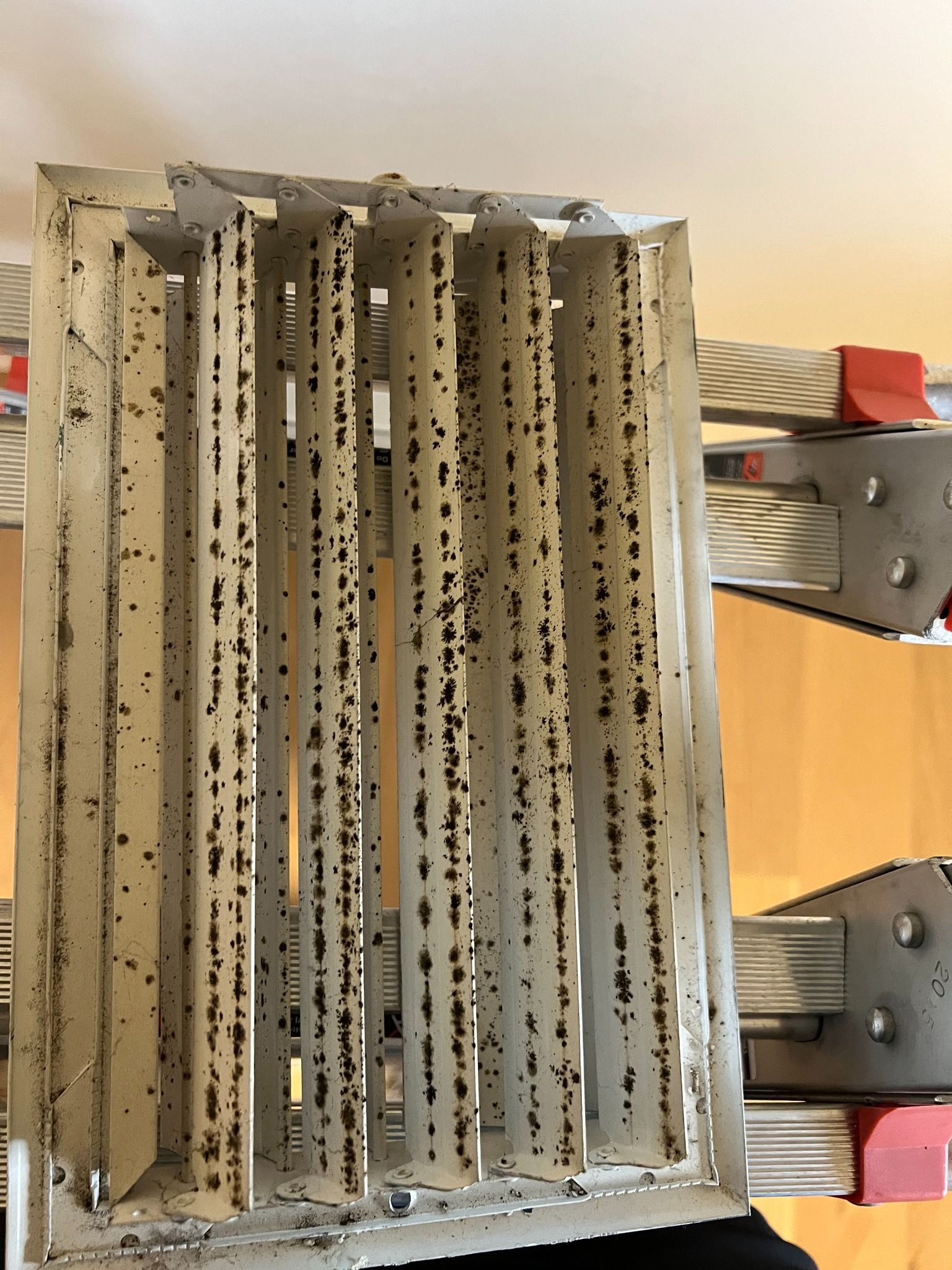 Dirty air vent with black spots and smudges.