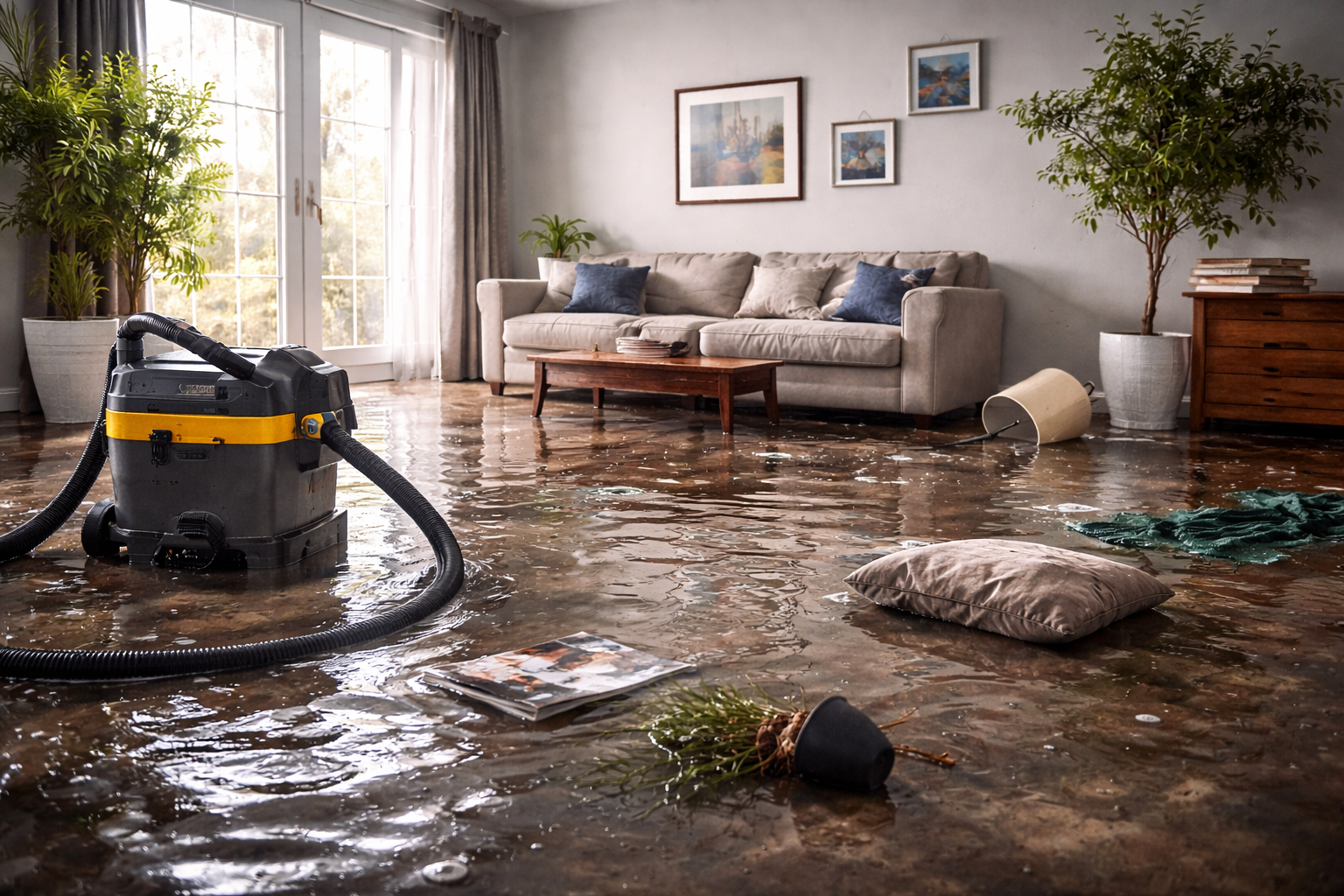 Flooded living room; wet/damaged items, a shop vac sucks water. A couch, plants, and art are visible.