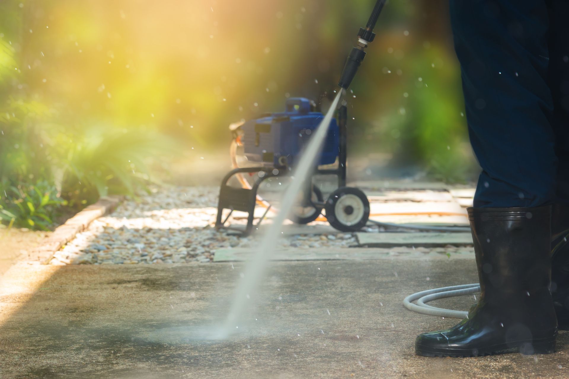 A person is using a high pressure washer to clean a sidewalk.