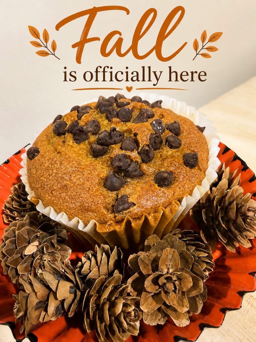 Fall dessert muffin with chocolate chips and pinecones, overlaid text: “Fall is officially here”