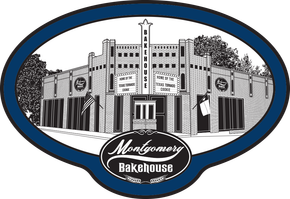 Montgomery Bakehouse logo with a drawing of a building, blue oval frame.