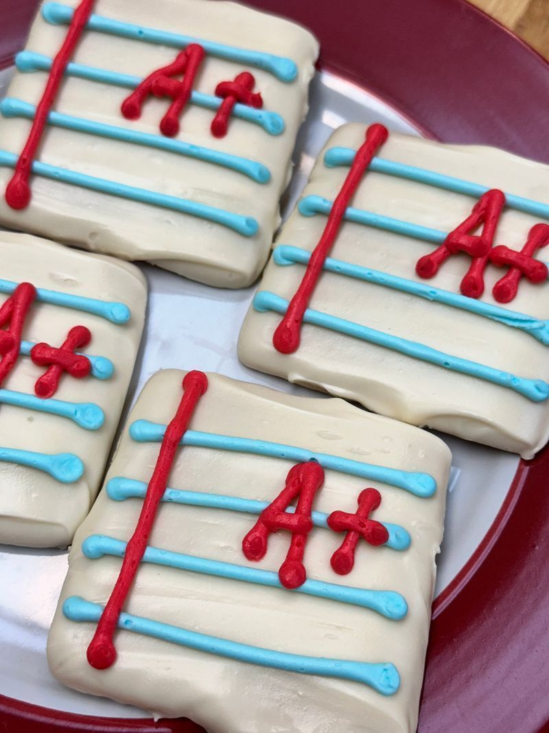 Frosted square cookies with red and blue icing, each decorated with an “A+” on a plate