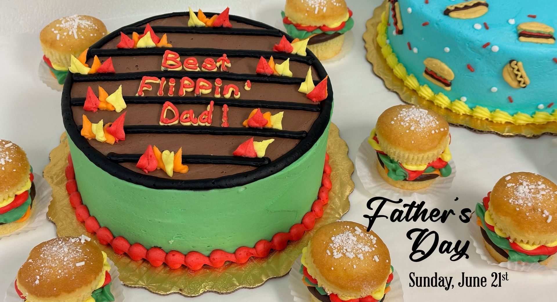 Father’s Day cakes decorated with burgers and fries.