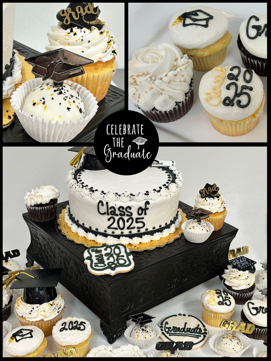 Graduation cake display with black, white, and gold cupcakes and a large Class of 2025 cake centerpiece