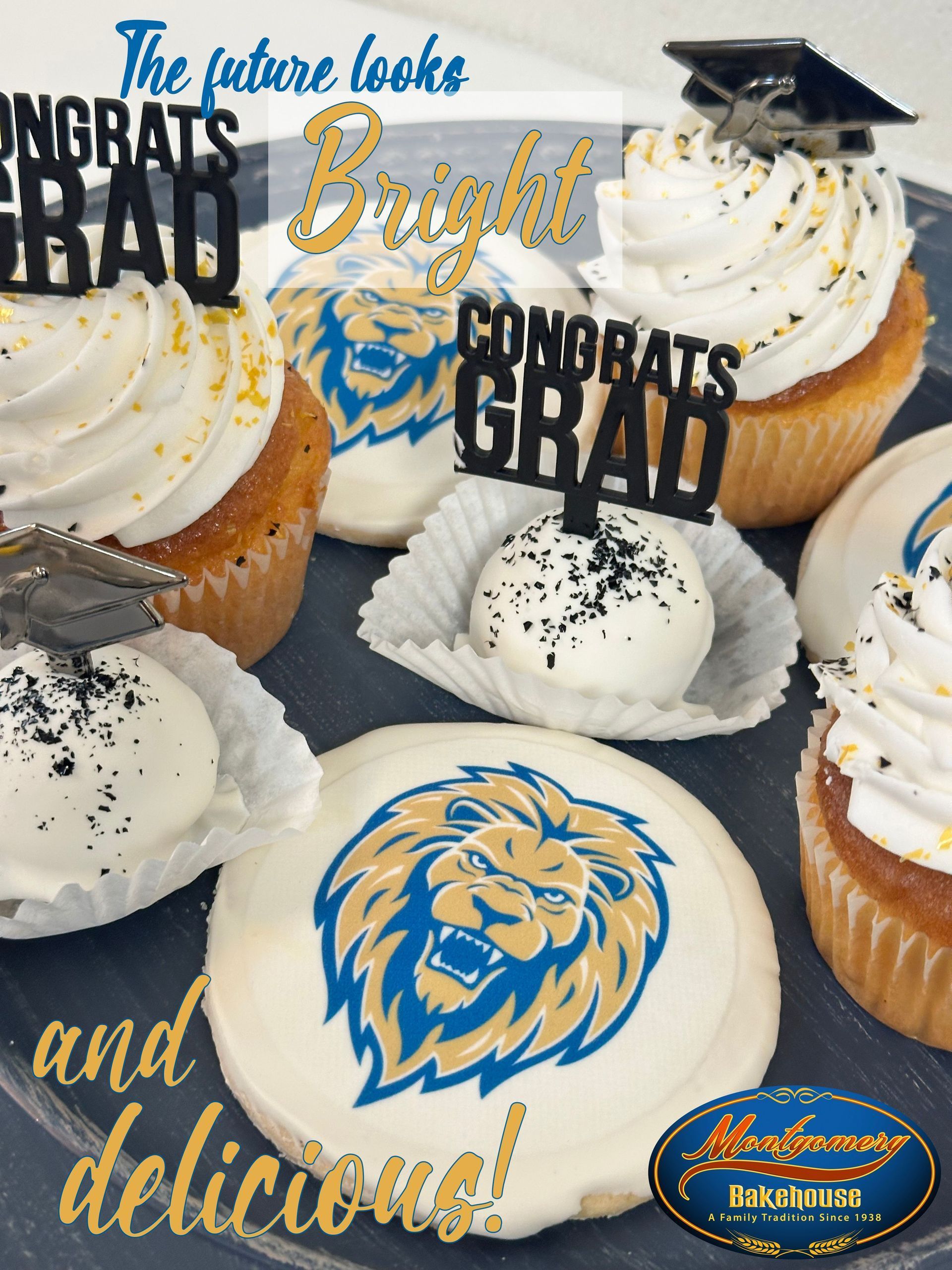Graduation cupcakes with “Congrats Grad” toppers and blue-and-gold icing decorations