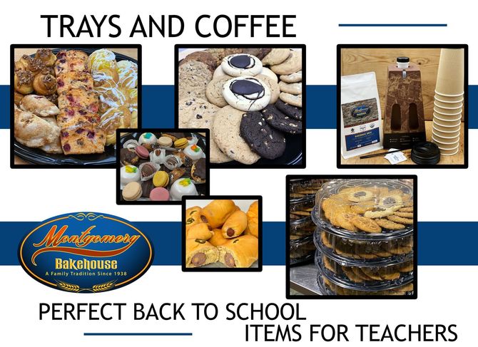 Teacher gift basket collage with baked treats, coffee, and tray items; text: “Trays and Coffee” and “Perfect Back to School Items for Teachers”