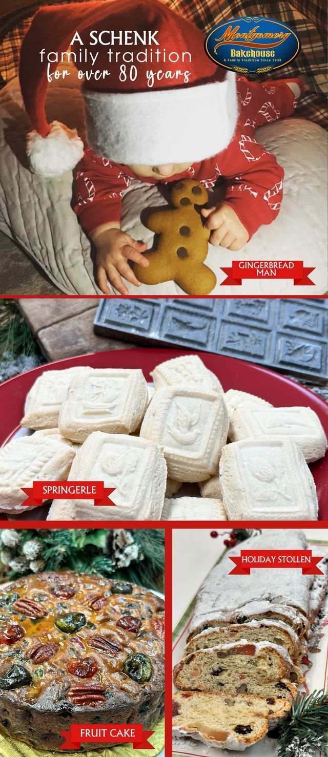 Baked goods: bread, pumpkin roll, pumpkin pie, and apple pie on a brown background.