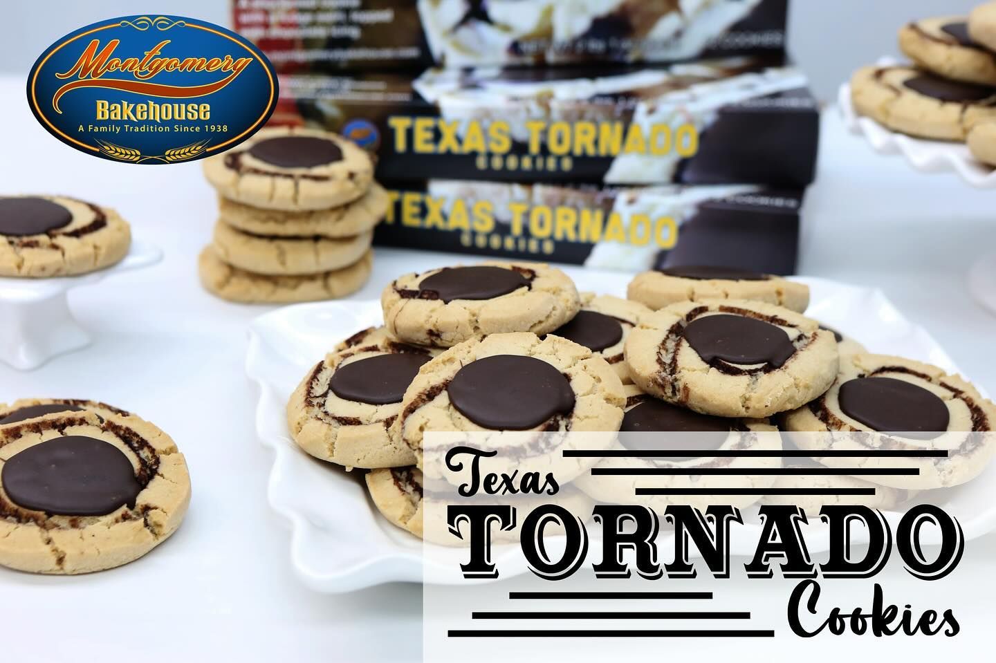 Texas Tornado cookies on plates and stacked, with boxes in the background.