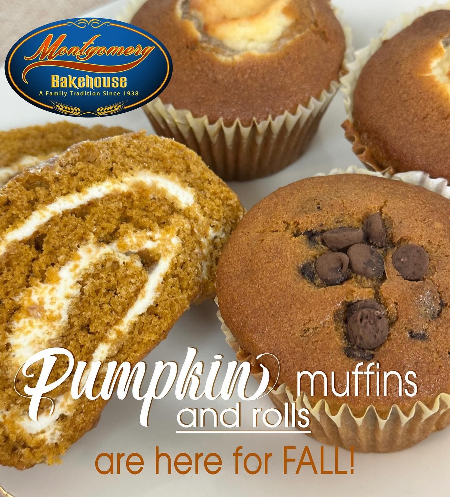 Pumpkin muffins, rolls, and a pumpkin roll, fall treats from Montgomery Bakehouse.