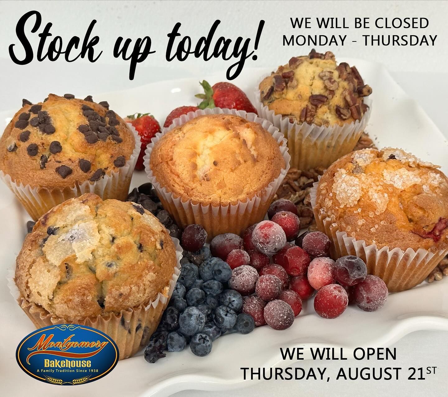 Muffins and berries on a plate, with a store closure notice.