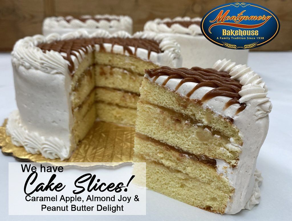 Cake slices with caramel and white frosting; flavors are Caramel Apple, Almond Joy & Peanut Butter Delight.