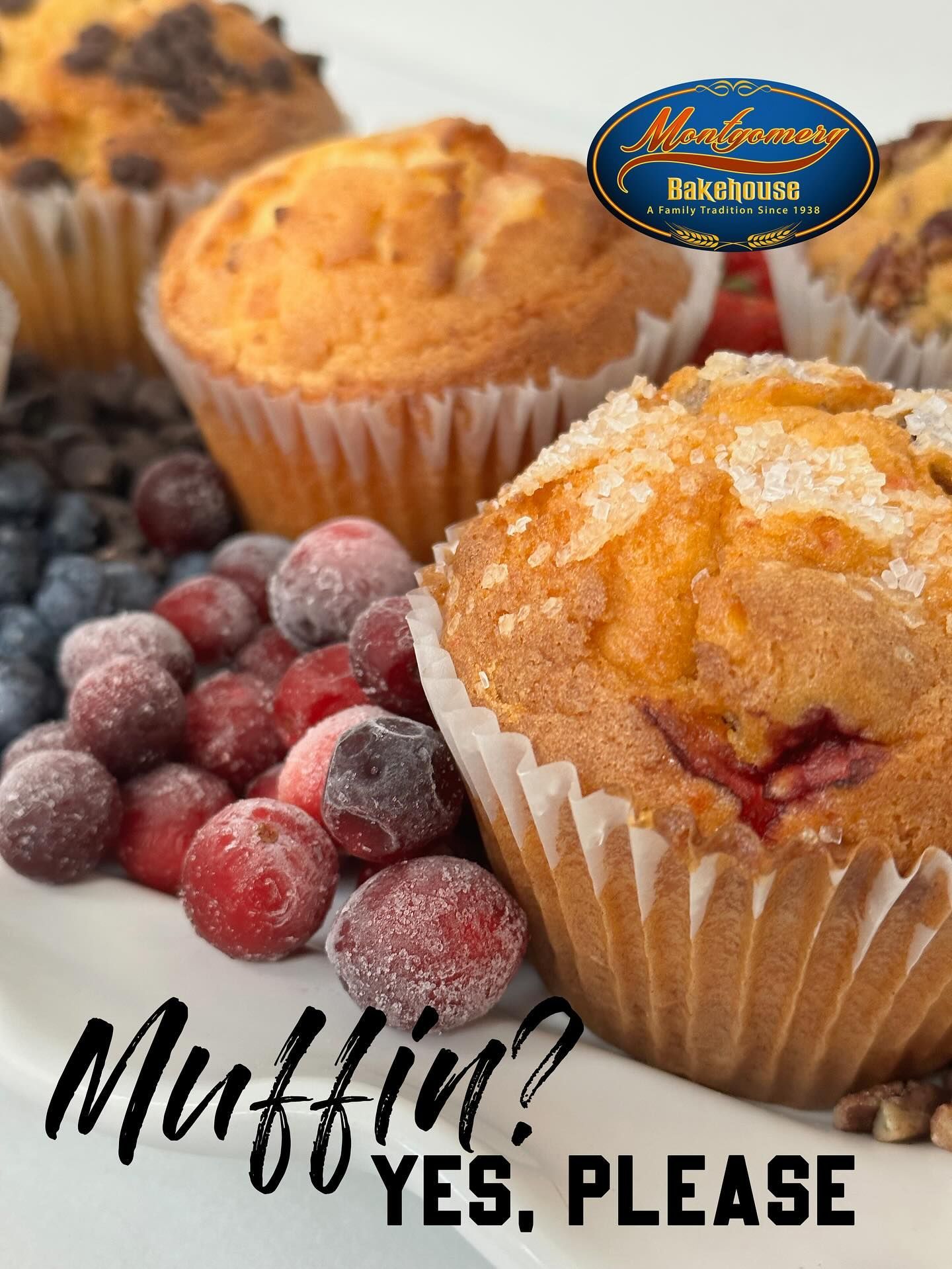 Muffins with blueberries and cranberries; logo says 