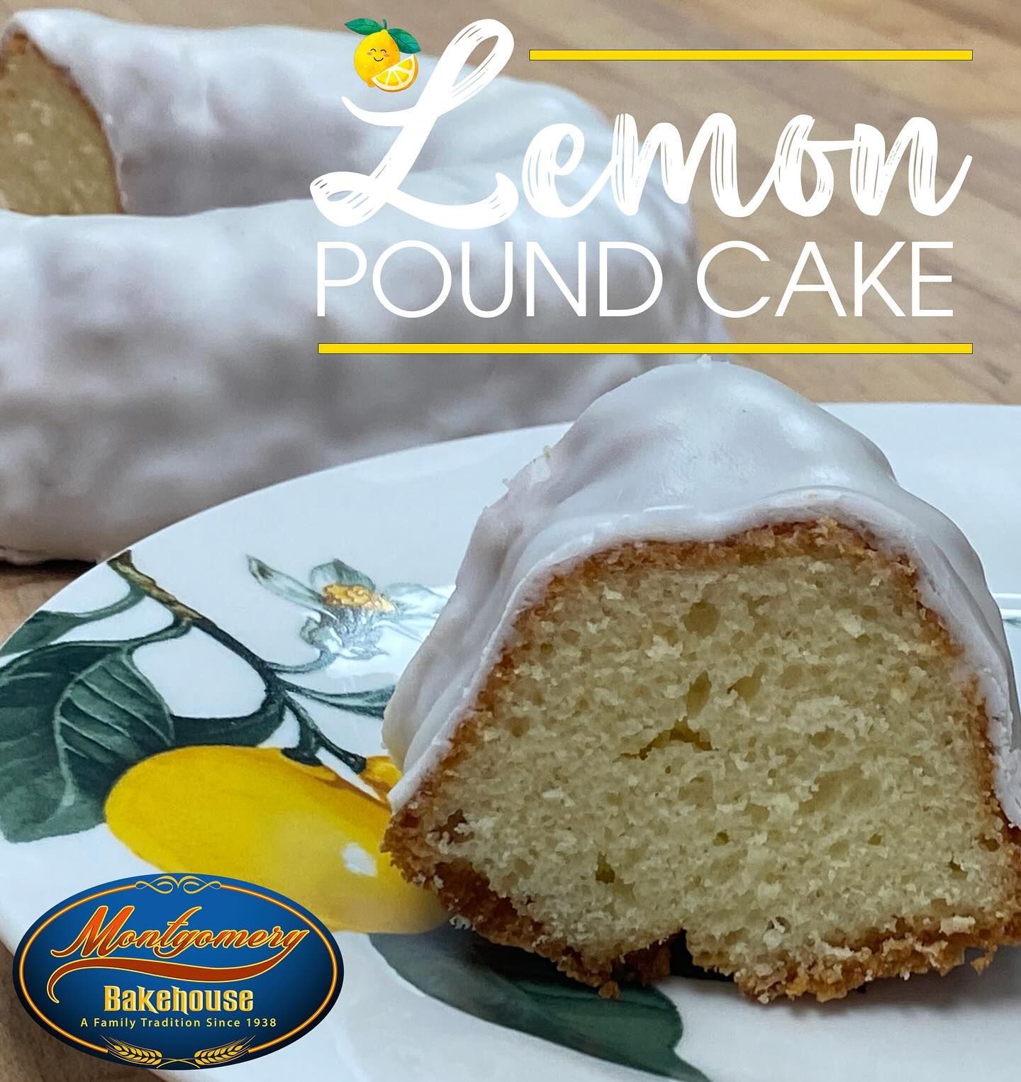 Lemon pound cake with white glaze, slice on floral plate.