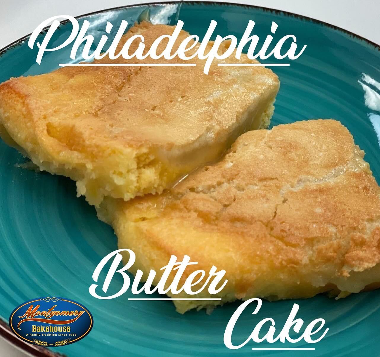 Philadelphia Butter Cake slices on a turquoise plate.