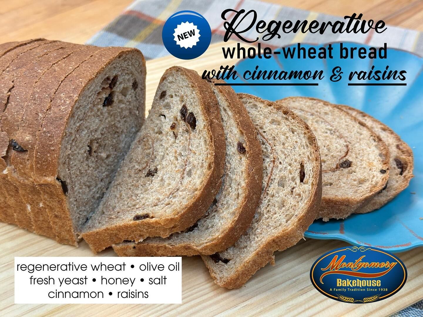 Sliced whole-wheat bread with cinnamon and raisins.  Ingredients include olive oil, honey, and salt.