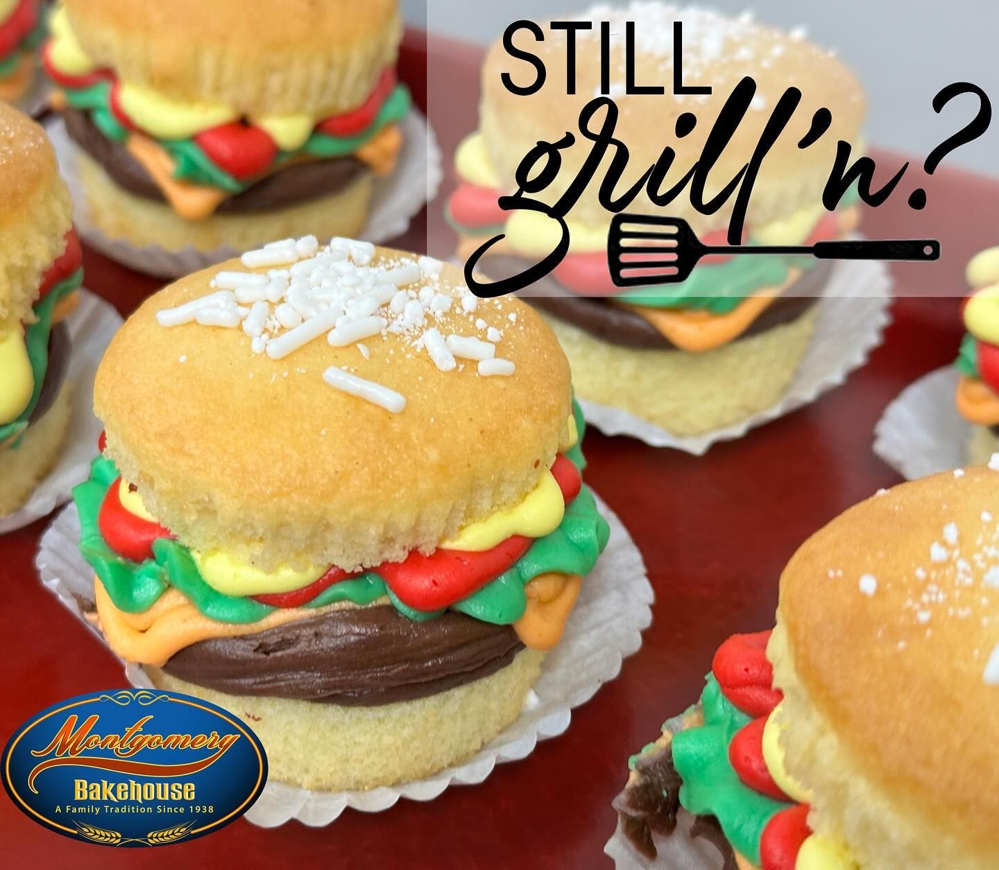 Cupcakes decorated to look like hamburgers; red tray, 