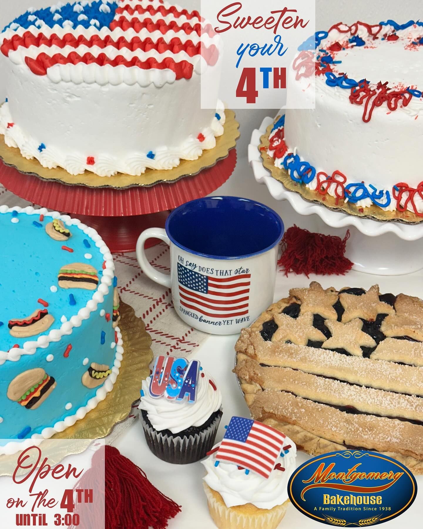 Patriotic desserts: Cakes, cupcakes, pie, and a mug.  Red, white, and blue decorations for the 4th of July.