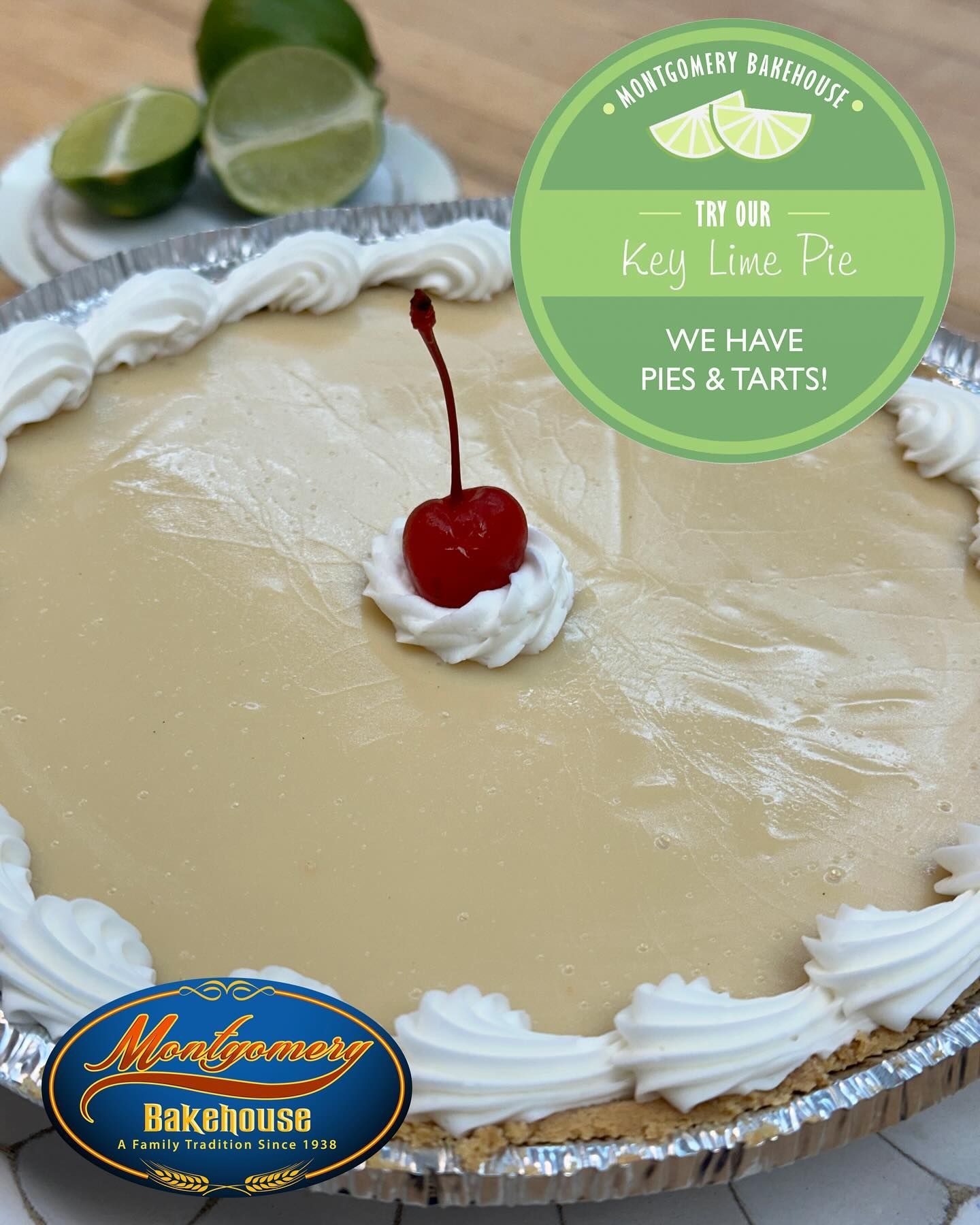 Key lime pie with whipped cream and cherry, from Montgomery Bakehouse.