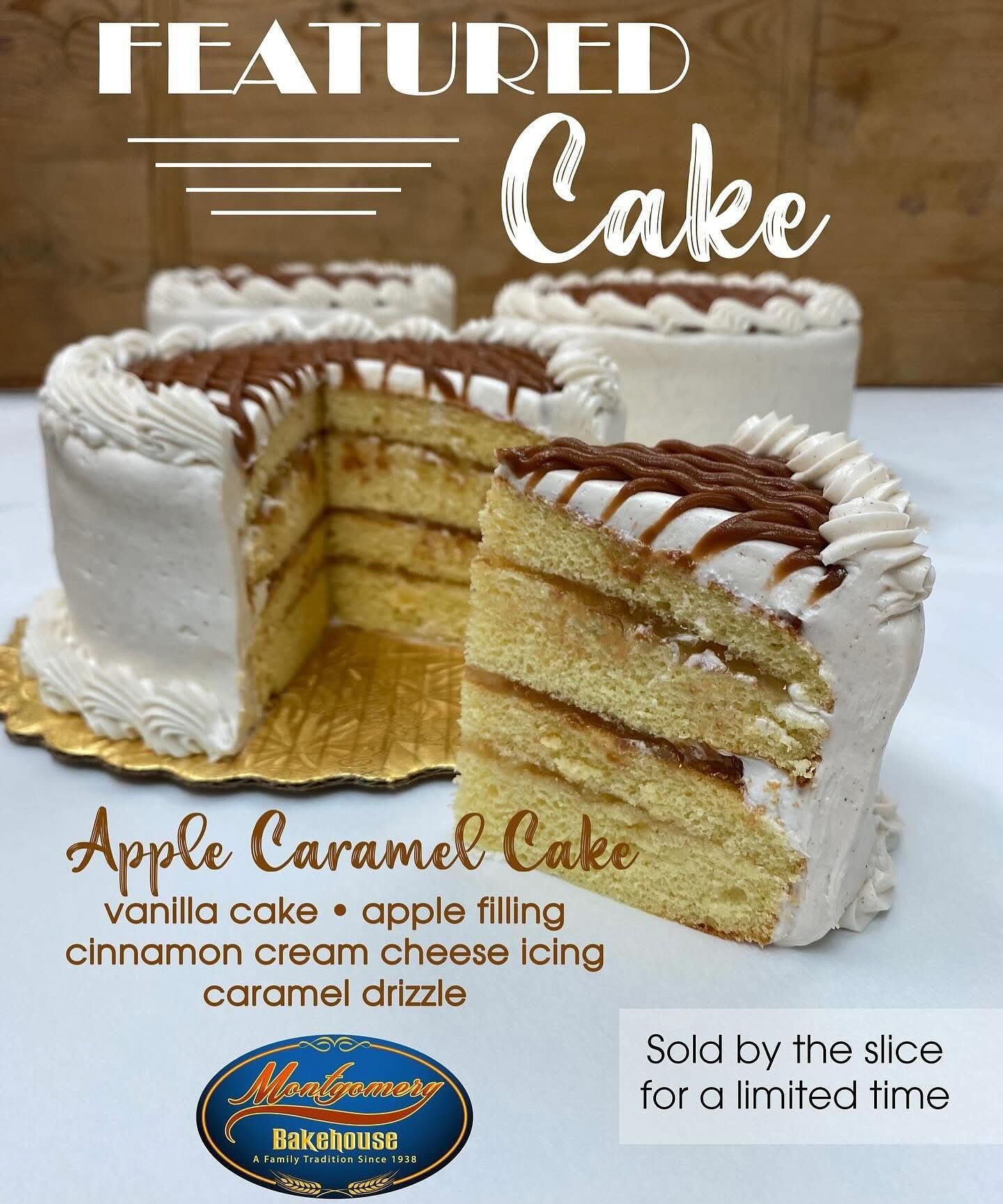 Apple Caramel Cake with vanilla cake, apple filling, cinnamon cream cheese icing, and caramel drizzle.