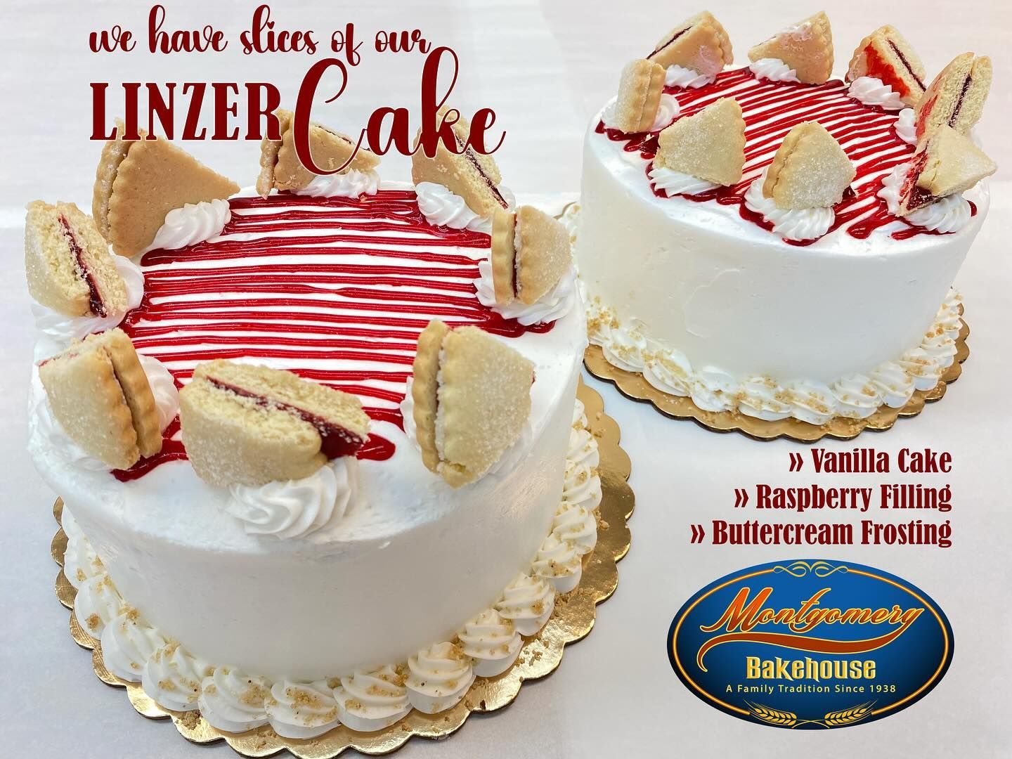 Two Linzer cakes with vanilla cake, raspberry filling, and buttercream frosting.