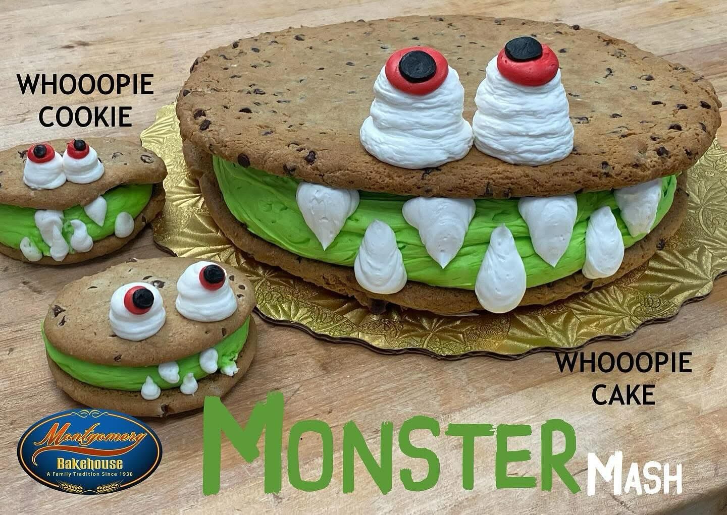 Monster cookie sandwich cakes with green frosting, and candy eyes and teeth.