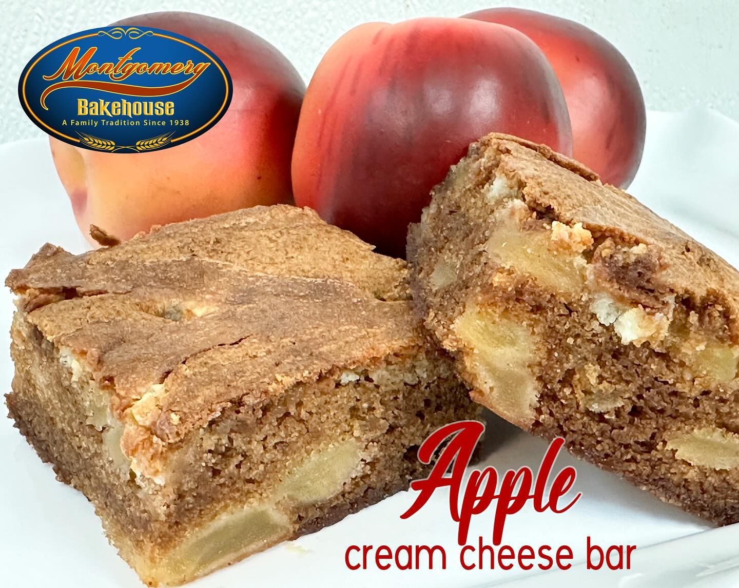 Apple cream cheese bar with peaches on a white plate.