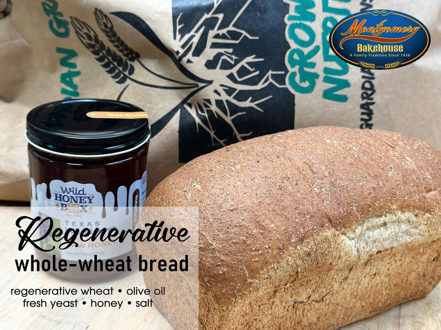 Loaf of whole-wheat bread, jar of honey, and a bag.