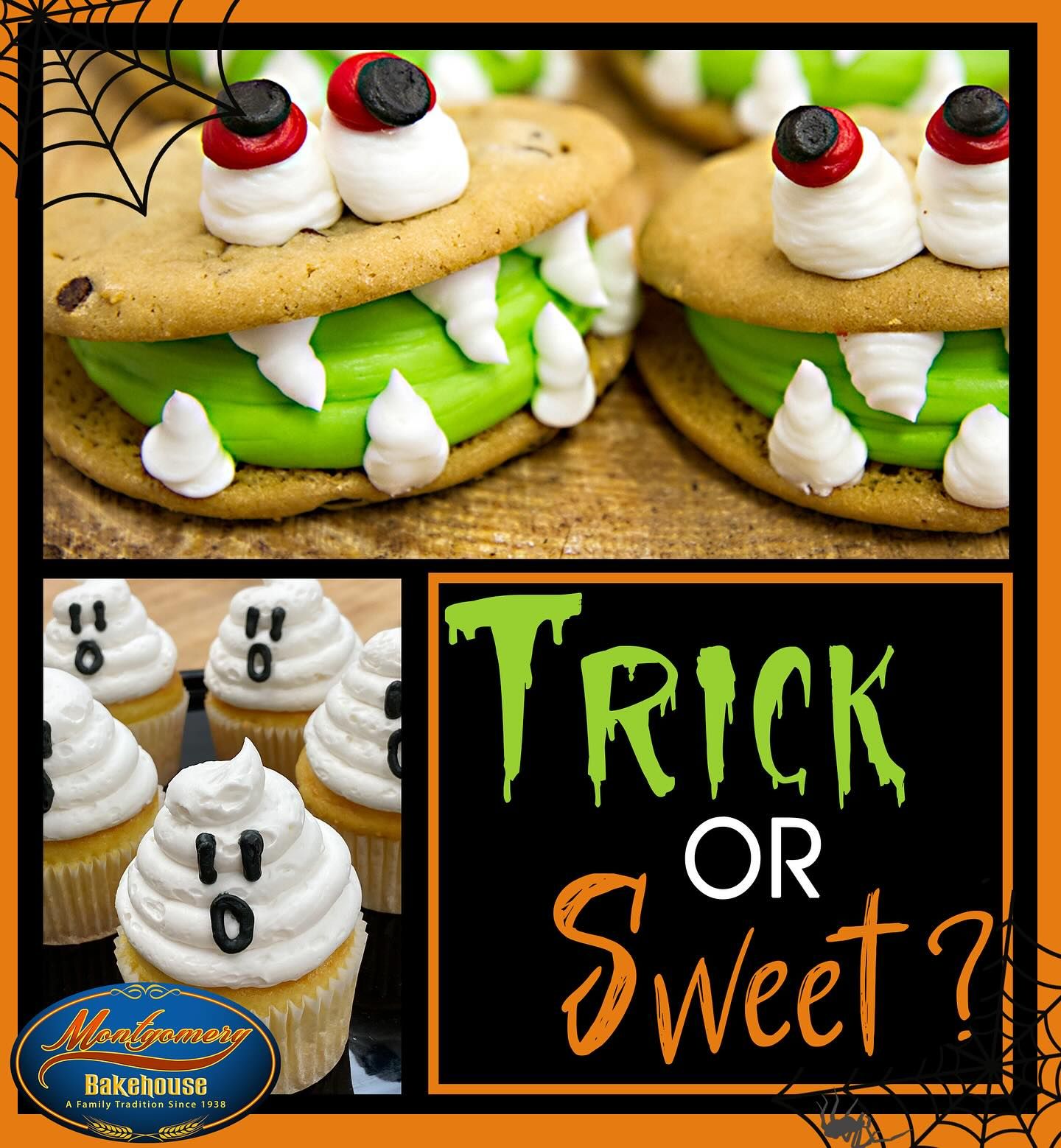 Halloween treats: Monster cookies with frosting and ghost cupcakes.