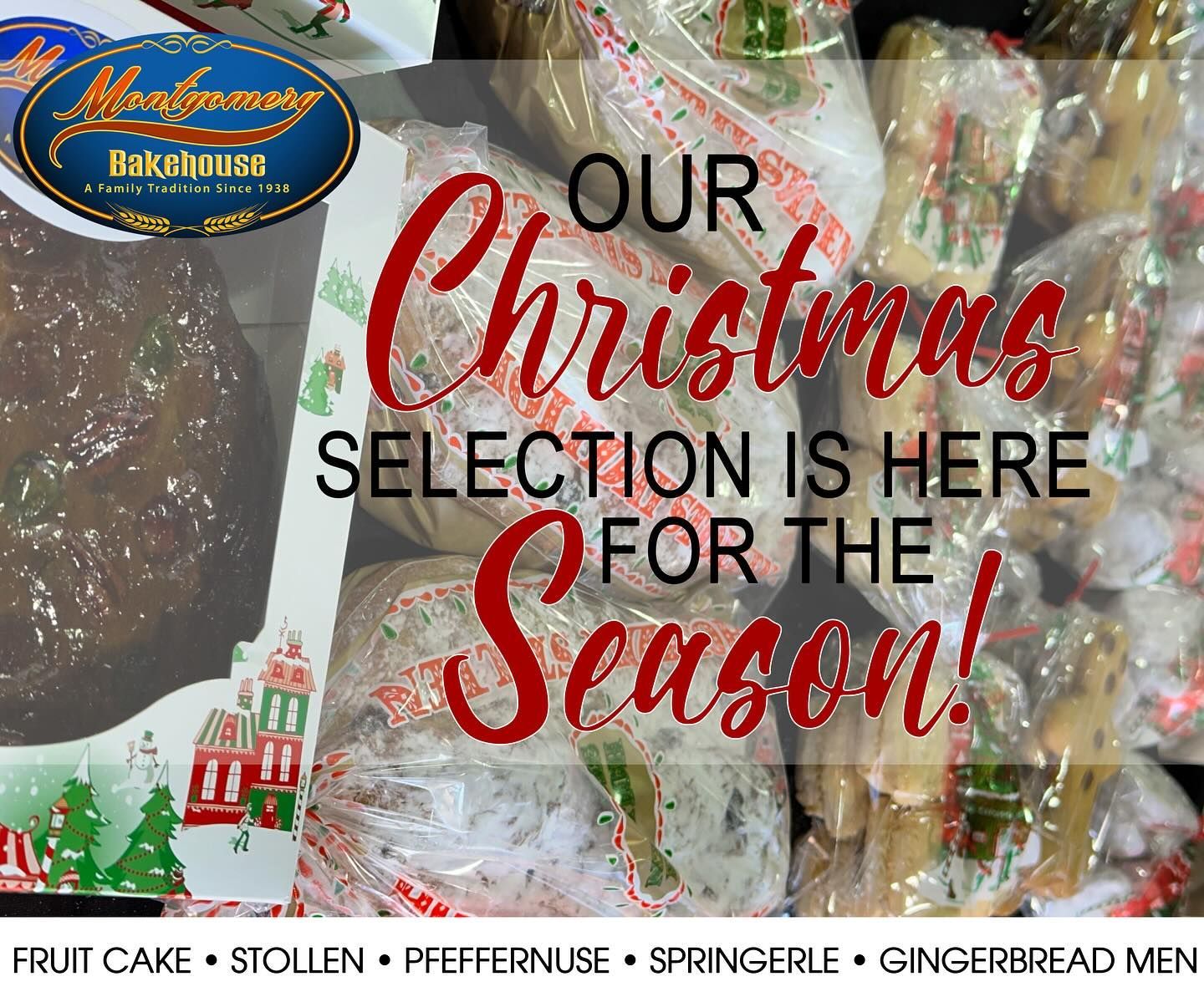 Christmas baked goods, including fruitcake, stollen, and gingerbread, are for sale.