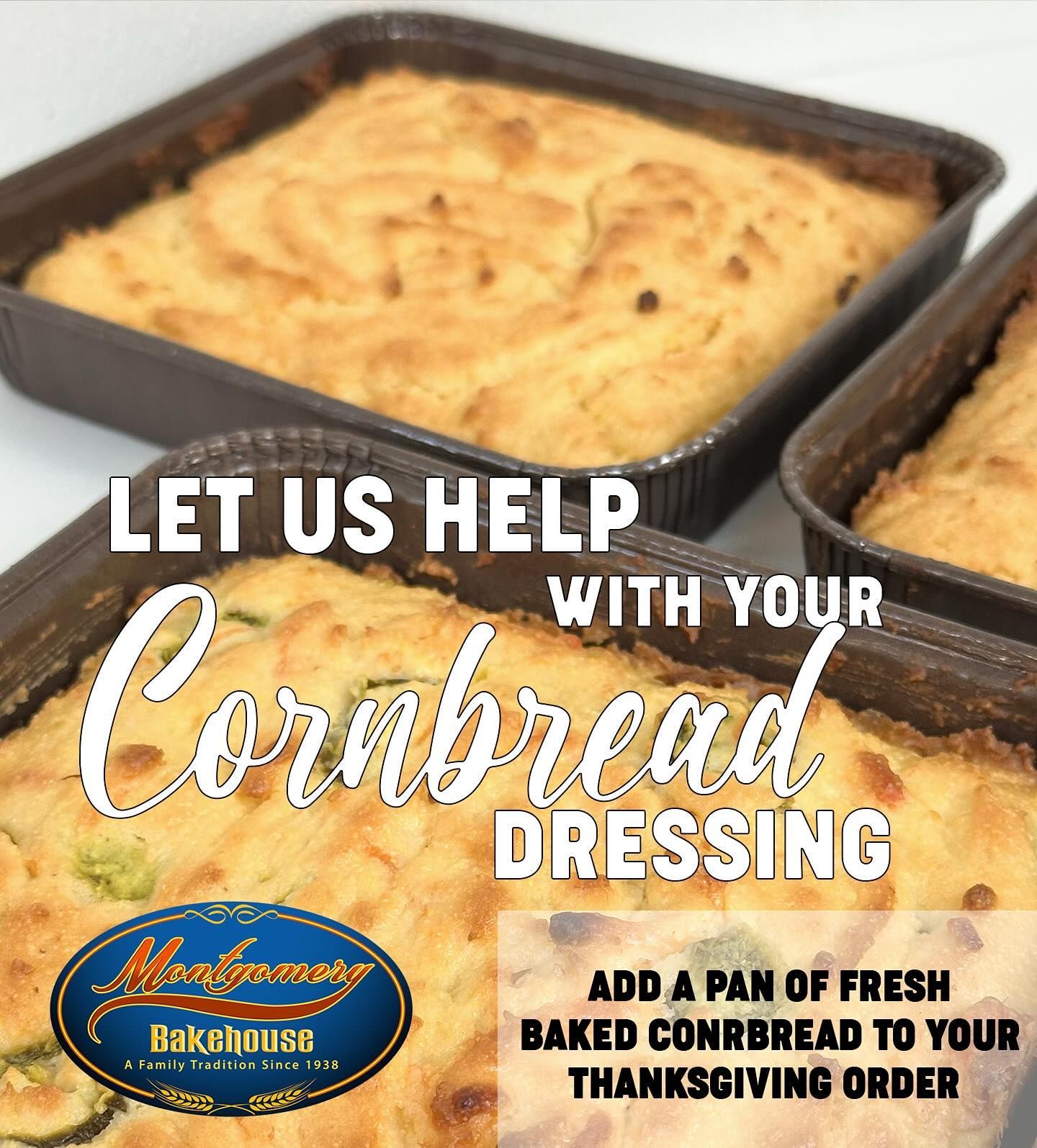 Three pans of cornbread, advertisement for a bakery.
