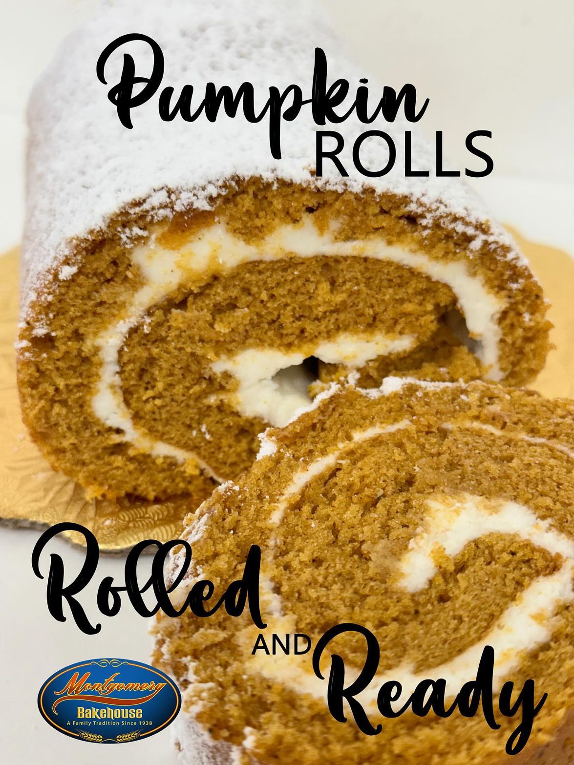 Pumpkin roll with cream filling, dusted with powdered sugar, ready to eat.