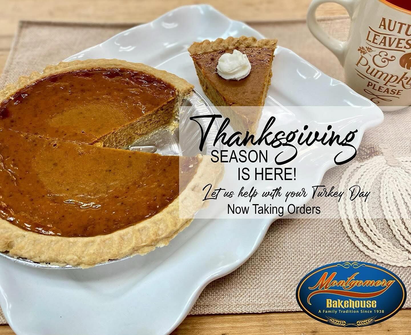 Pumpkin pie with a slice, and a mug.