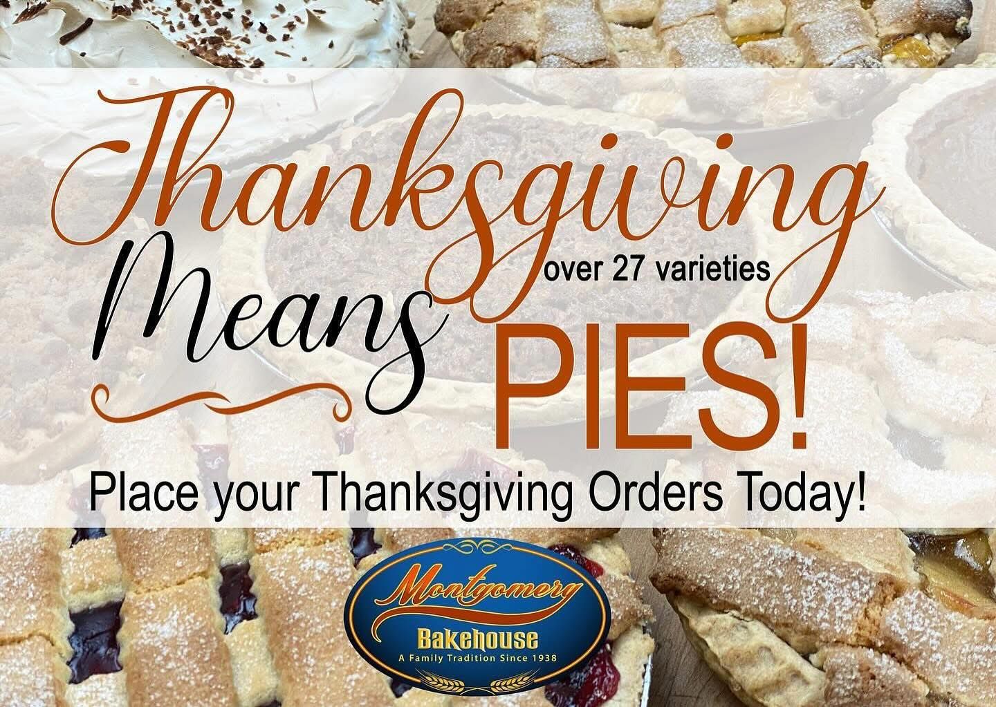 Thanksgiving pie advertisement with baked pies and a bakery logo.