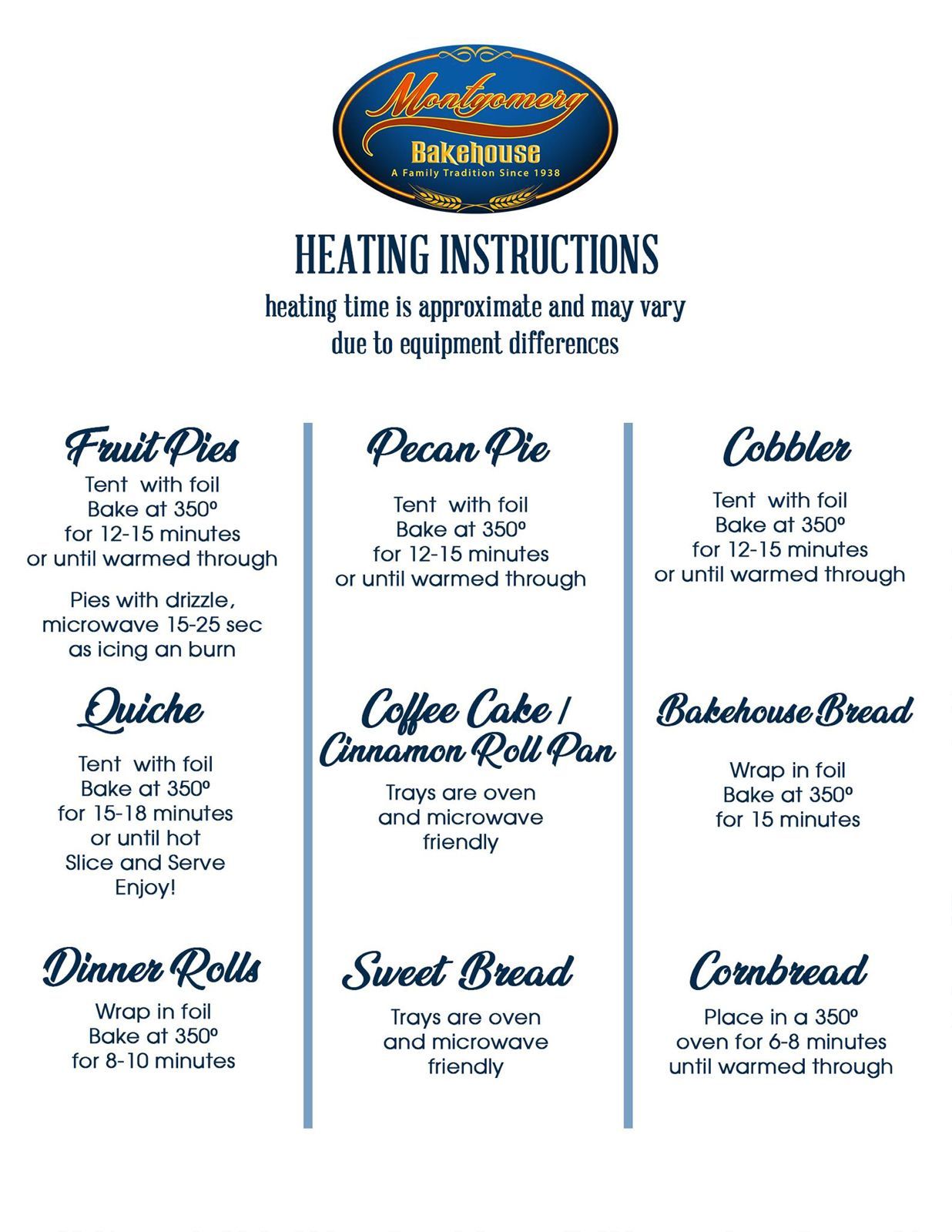 Heating instructions for various baked goods from the Bakehouse, including pies, quiche, bread, rolls, and cornbread.
