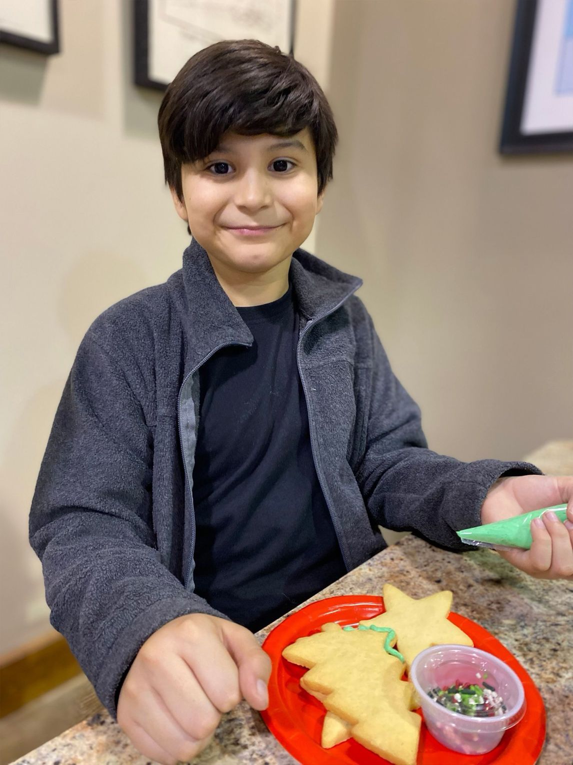 Boy decorating Christmas cookies with icing and sprinkles.