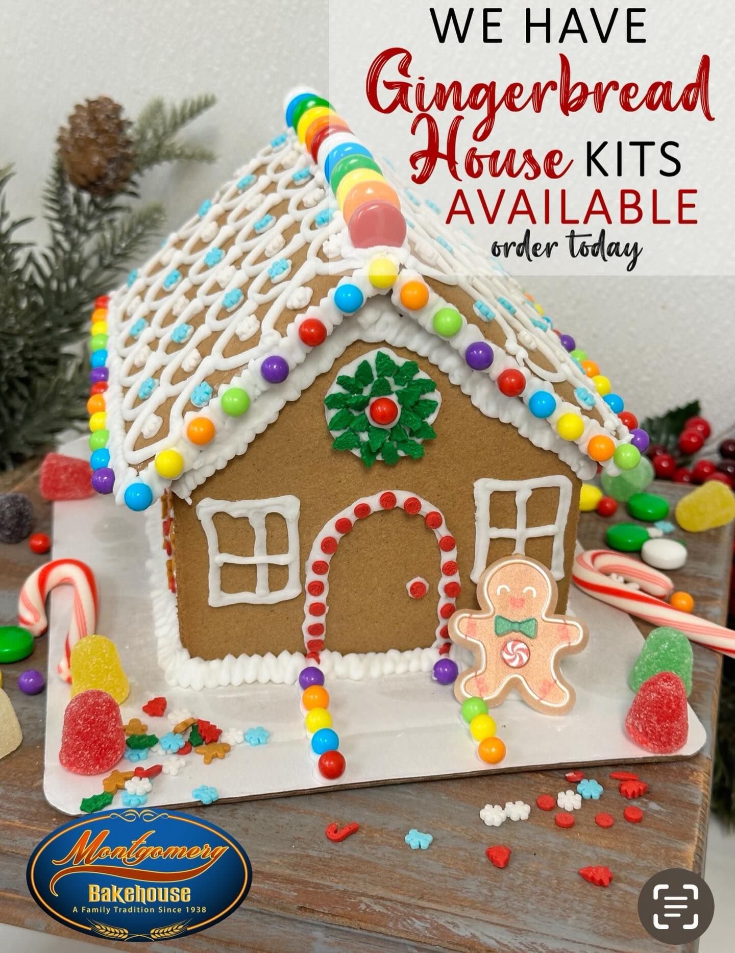 Gingerbread house kit decorated with colorful candies and frosting.