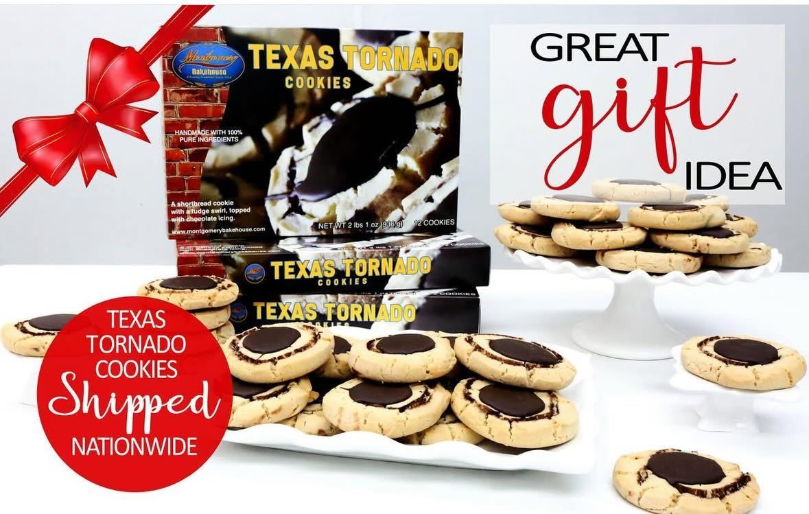 Texas Tornado Cookies: Gift set with cookies, boxes, ribbon, and a display stand. Nationwide shipping.