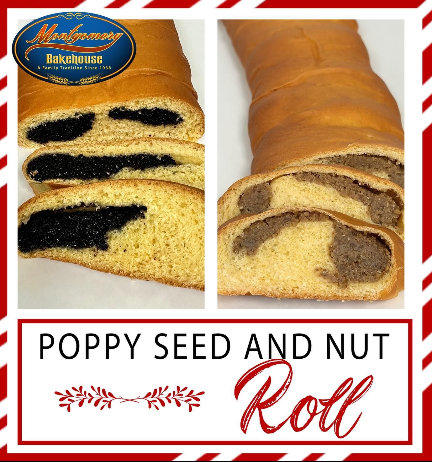 Poppy seed and nut roll slices; dark poppy seed and light nut filling in golden bread.