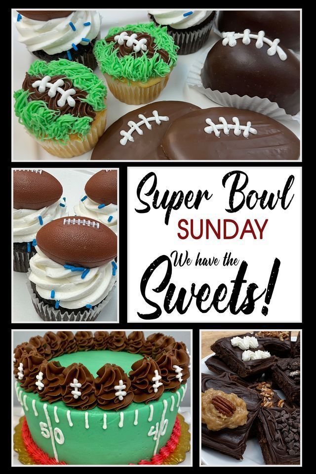 Super Bowl Sunday sweets: football-themed cupcakes, cookies, brownies, and cake.