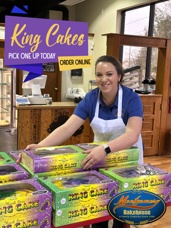 Woman in apron with King Cakes in a bakery, purple and green packaging. Order Online text.