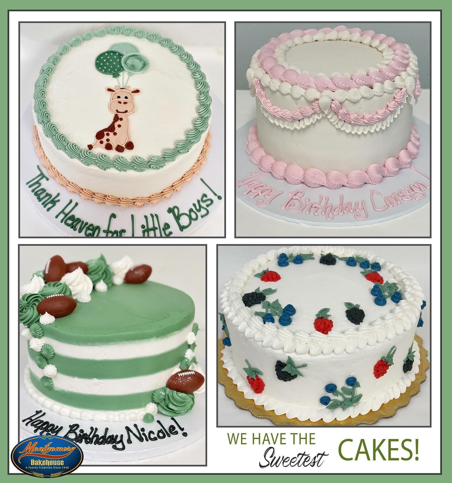 Four decorated cakes: giraffe, pink trim, football, berries.