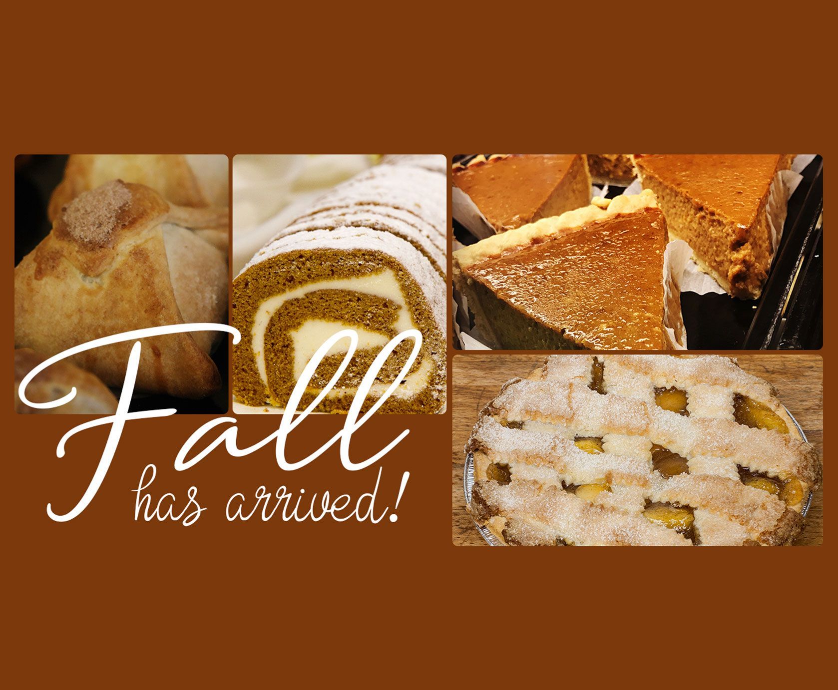 Baked goods: bread, pumpkin roll, pumpkin pie, and apple pie on a brown background.